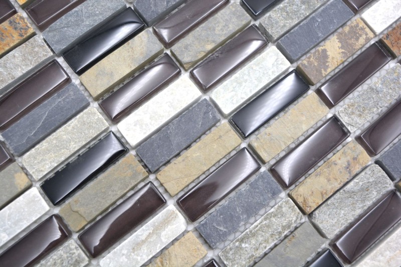 Plaquette Rectangle Carreaux Mosaïque de verre Bâtons beige marron gris noir Pierre naturelle Carrelage mur salle de bain cuisine - MOS87-1313
