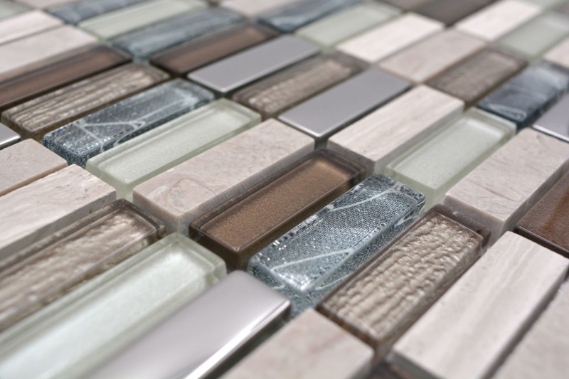 Plaquette Rectangle Carreaux Mosaïque de verre Bâtons brun clair argent gris Pierre naturelle Marbre Carrelage cuisine mur - MOS87-SM68