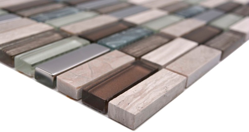 Plaquette Rectangle Carreaux Mosaïque de verre Bâtons brun clair argent gris Pierre naturelle Marbre Carrelage cuisine mur - MOS87-SM68