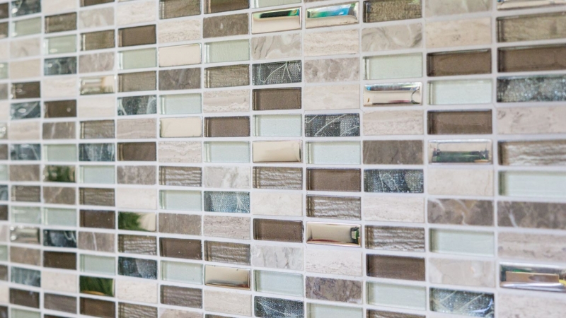Plaquette Rectangle Carreaux Mosaïque de verre Bâtons brun clair argent gris Pierre naturelle Marbre Carrelage cuisine mur - MOS87-SM68