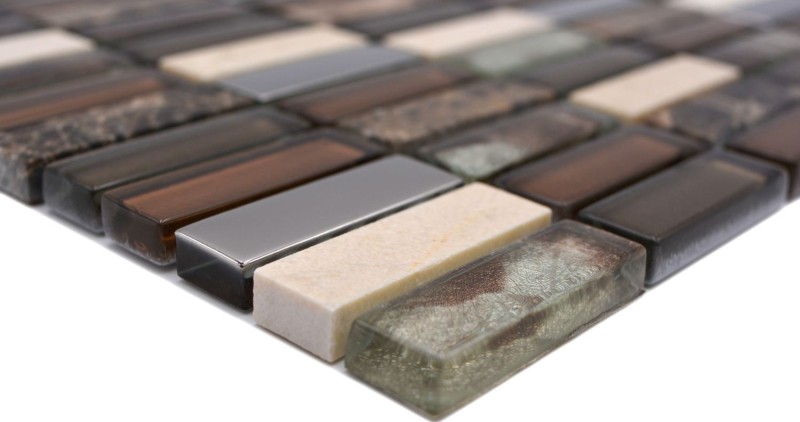 Plaquette Rectangle Carreaux Mosaïque de verre Bâtons brun argenté beige Pierre naturelle Marbre Carrelage mur Salle de bain Cuisine - MOS87-SM78