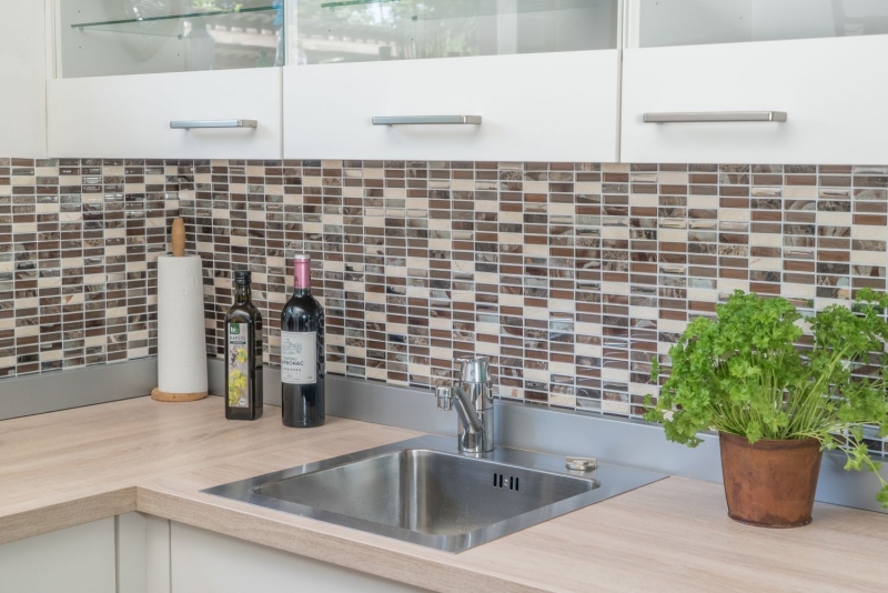 Plaquette Rectangle Carreaux Mosaïque de verre Bâtons brun argenté beige Pierre naturelle Marbre Carrelage mur Salle de bain Cuisine - MOS87-SM78