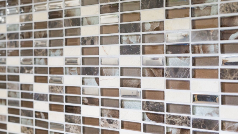 Plaquette Rectangle Carreaux Mosaïque de verre Bâtons brun argenté beige Pierre naturelle Marbre Carrelage mur Salle de bain Cuisine - MOS87-SM78