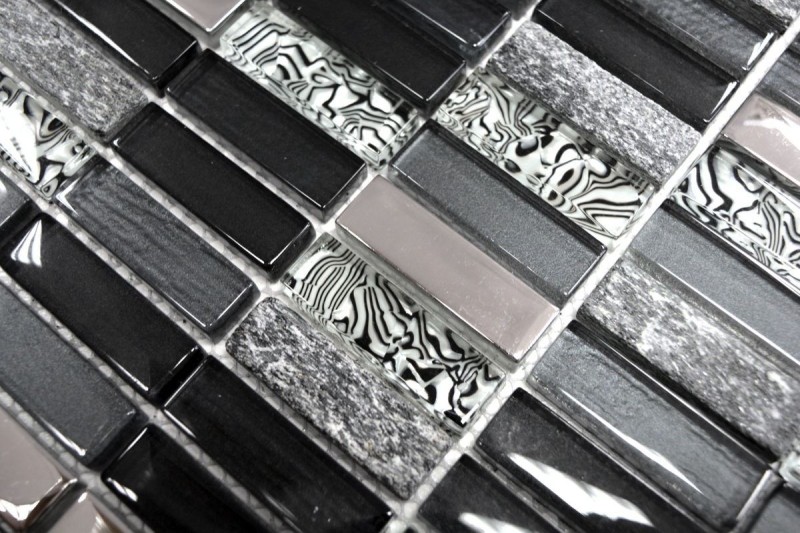 Plaquette Rectangle Carreaux Mosaïque de verre Bâtons argentés gris noir anthracite Pierre naturelle Dos de cuisine Salle de bains WC - MOS87-SM88