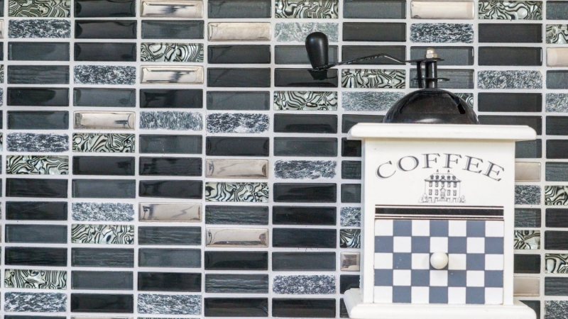 Plaquette Rectangle Carreaux Mosaïque de verre Bâtons argentés gris noir anthracite Pierre naturelle Dos de cuisine Salle de bains WC - MOS87-SM88
