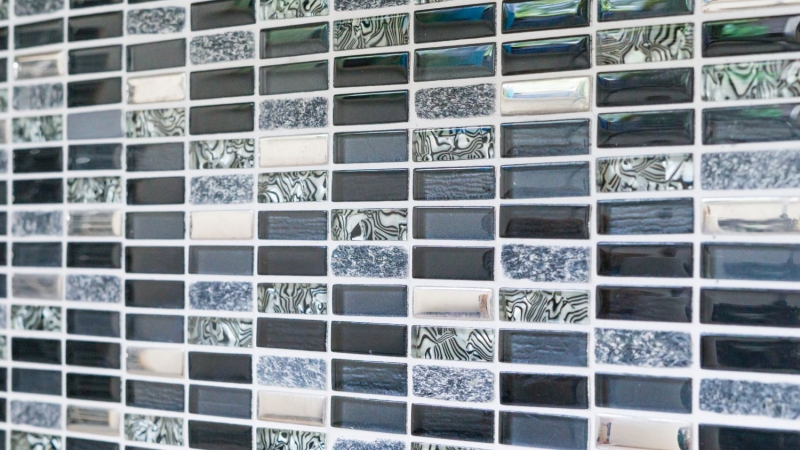Plaquette Rectangle Carreaux Mosaïque de verre Bâtons argentés gris noir anthracite Pierre naturelle Dos de cuisine Salle de bains WC - MOS87-SM88