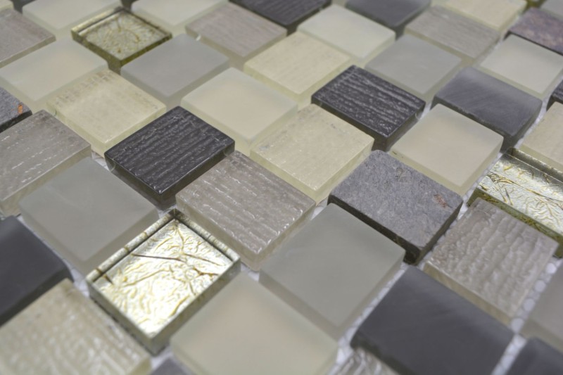 Pierre naturelle Rustique Carreau de mosaïque Mosaïque de verre Quartz beige crème anthracite Verre laiteux Dos de cuisine Salle de bains Mur WC - MOS82-0102