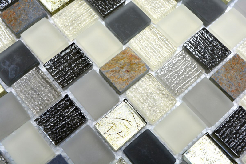 Motif manuel Carreau de mosaïque Translucide blanc gris rouille Rectangle Mosaïque de verre Crystal pierre rustique MOS82-0102_m