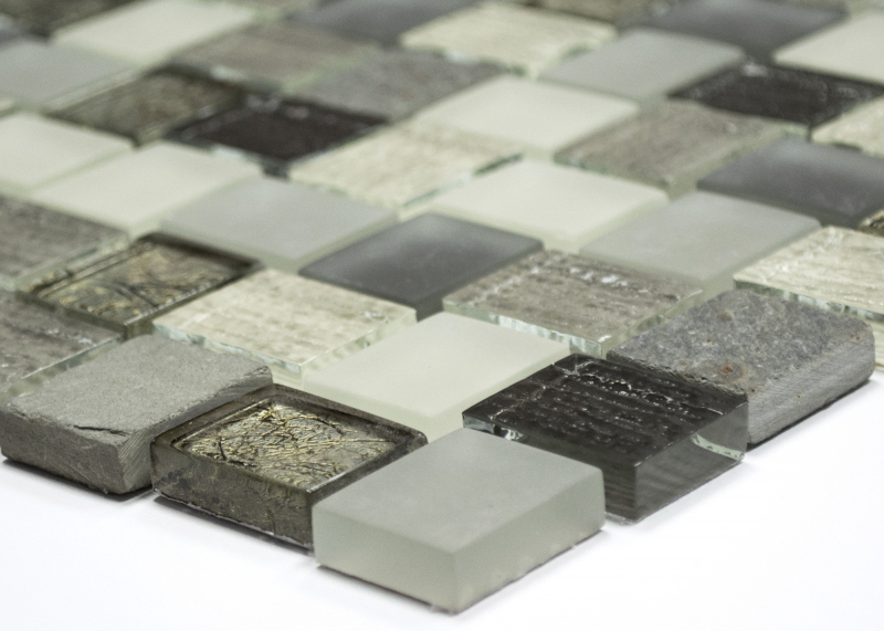 Motif manuel Carreau de mosaïque Translucide blanc gris rouille Rectangle Mosaïque de verre Crystal pierre rustique MOS82-0102_m