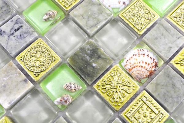 Pierre naturelle Rustique Marbre Carreau de mosaïque Verre Mosaïque Résine Coquille vert pastel clair beige Carreau de salle de bain Cuisine Mur WC - MOS82C-0502
