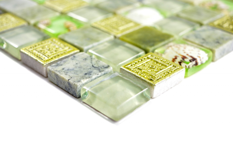 Pierre naturelle Rustique Marbre Carreau de mosaïque Verre Mosaïque Résine Coquille vert pastel clair beige Carreau de salle de bain Cuisine Mur WC - MOS82C-0502