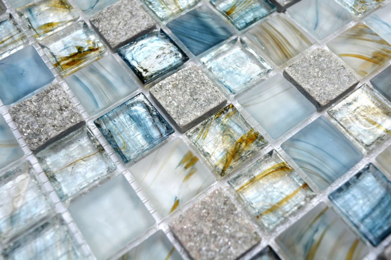 Pierre naturelle Mosaïque de verre Carreaux de mosaïque cream gris clair anthracite bleu-gris point vert Carrelage mural - MOS94-2505