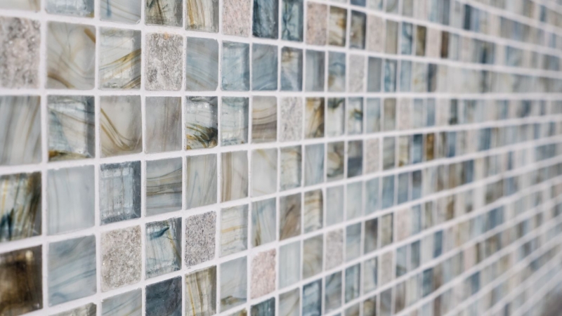 Pierre naturelle Mosaïque de verre Carreaux de mosaïque cream gris clair anthracite bleu-gris point vert Carrelage mural - MOS94-2505