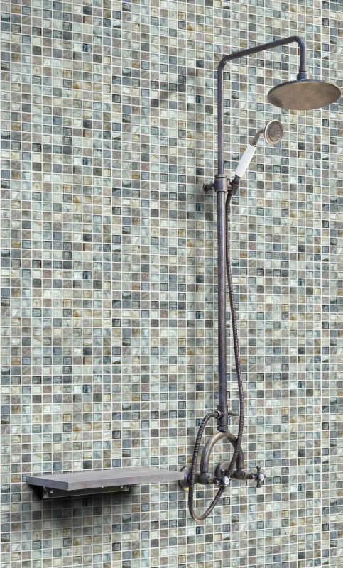 Pierre naturelle Mosaïque de verre Carreaux de mosaïque cream gris clair anthracite bleu-gris point vert Carrelage mural - MOS94-2505