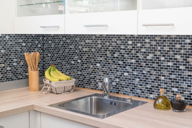 Mosaïque Baguettes composites Pierre naturelle Carreau de mosaïque noir argent Brick Mosaïque de verre Coquille Verre laiteux Carrelage cuisine salle de bain - MOS87-B03S