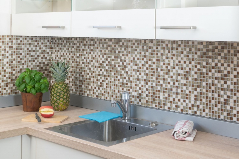 Mosaïque de verre Pierre naturelle Carreau de mosaïque beige crème ocre brun jaune doré Carrelage salle de bain cuisine mur bac à douche - MOS92-1204