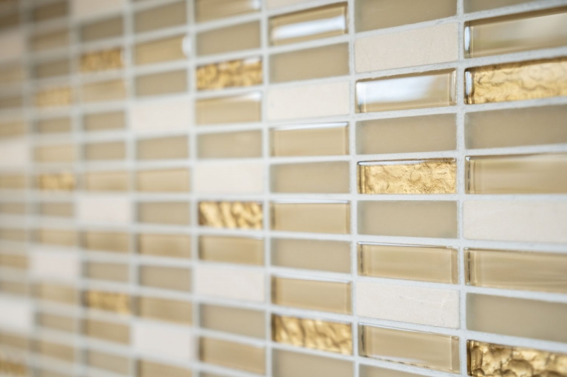 Plaquette Rectangle Carreaux Mosaïque de verre Bâtons blanc or brun beige Pierre naturelle Marbre Carrelage cuisine mur - MOS87-1202