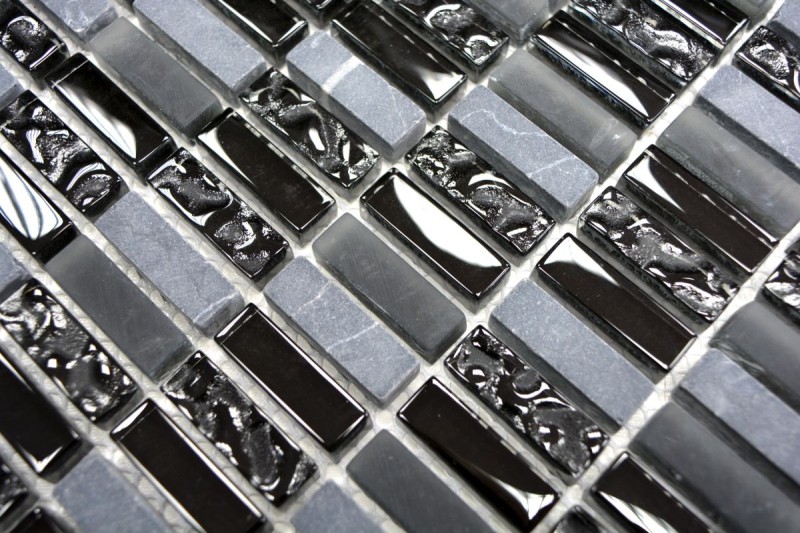 Lames Rectangle Carreaux Mosaïque de verre Bâtons mini gris noir anthracite Pierre naturelle Structure Carrelage Cuisine WC - MOS87-1403