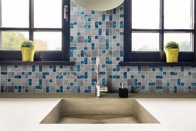 Pierre naturelle Mosaïque de verre Marbre Carreaux de mosaïque gris bleu anthracite Dos de cuisine Carrelage WC - MOS88-0404