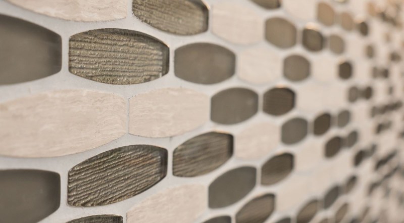 Pierre naturelle Mosaïque de verre Marbre Carreaux de mosaïque Ovale Forme Bateau gris clair beige marron clair Carrelage mur cuisine - MOS85-BM59