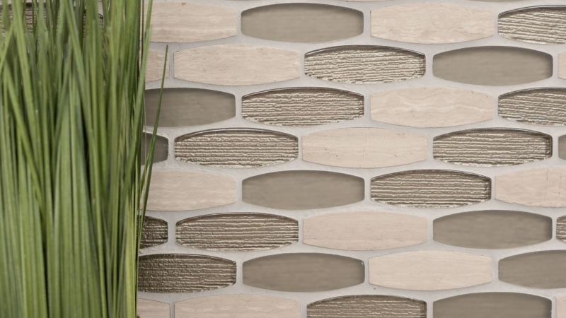 Pierre naturelle Mosaïque de verre Marbre Carreaux de mosaïque Ovale Forme Bateau gris clair beige marron clair Carrelage mur cuisine - MOS85-BM59