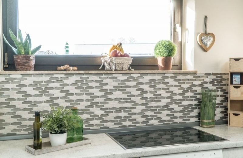 Pierre naturelle Mosaïque de verre Marbre Carreaux de mosaïque Ovale Forme Bateau gris clair beige marron clair Carrelage mur cuisine - MOS85-BM59