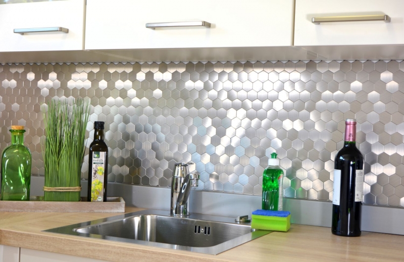 Carreau mosaïque autocollant ALU argent métal Hexagon carreaux de fond de cuisine MOS200-22MHX