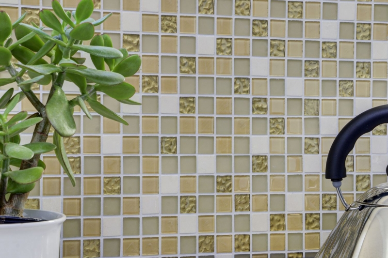 mosaïque de verre autocollante mosaïque de pierre naturelle cream gold matt carrelage MOS200-4M362