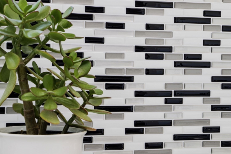 mosaïque autocollante aspect bâtonnets film adhésif vinyle blanc argenté noir carrelage cuisine