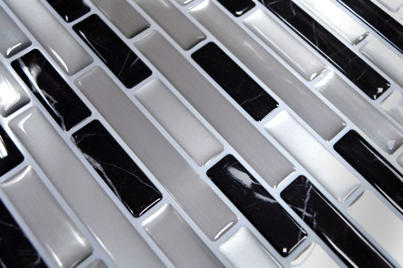 mosaïque autocollante aspect baguettes vinyle film adhésif blanc argenté anthracite carrelage cuisine