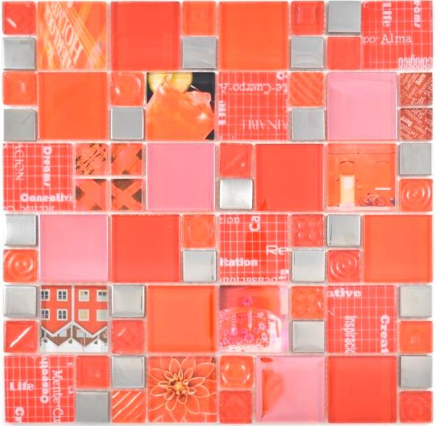 Mosaïque transparente Crystal Mosaïque de verre argent rouge mur carrelage cuisine douche salle de bain_f | 10 tapis de mosaïque