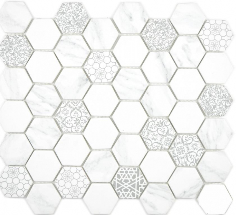 Échantillon manuel GLAS Mosaïque Hexagone ECO Aspect Carrare Carrelage mural Miroir de carrelage Cuisine Salle de bains MOS16-0222_m