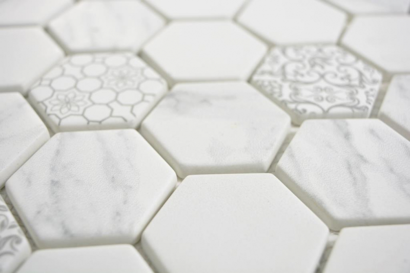 Échantillon manuel GLAS Mosaïque Hexagone ECO Aspect Carrare Carrelage mural Miroir de carrelage Cuisine Salle de bains MOS16-0222_m