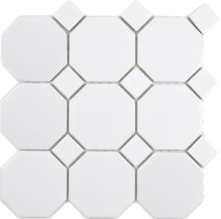 Motif manuel Mosaïque céramique Octa blanc mat avec blanc brillant Carreau de mosaïque murale Miroir de carrelage cuisine salle de bain MOS13-Octa0111_m