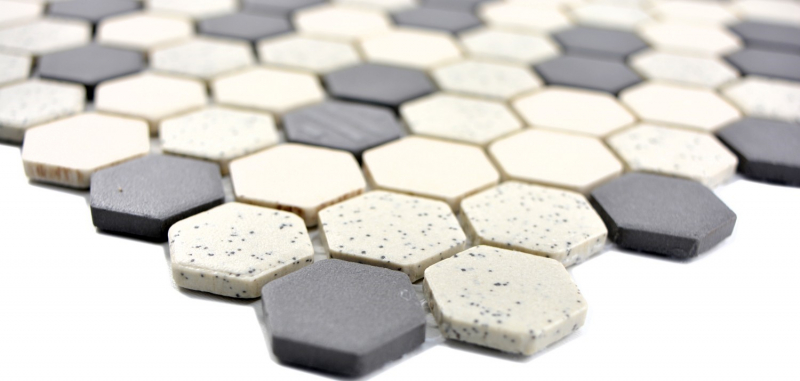 Hexagonal hexagonal carreau de mosaïque céramique mini beige noir non émaillé antidérapant moucheté cuisine salle de bain - MOS11A-0113-R10