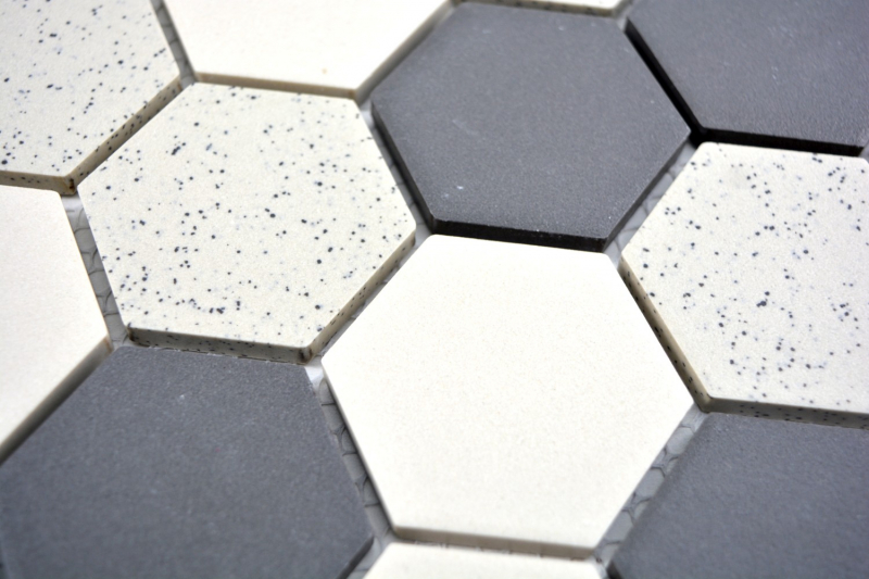 Hexagonal Hexagone Mosaïque Céramique beige noir Hexagaon non-émaillé antidérapant moucheté carreaux - MOS11G-0113-R10