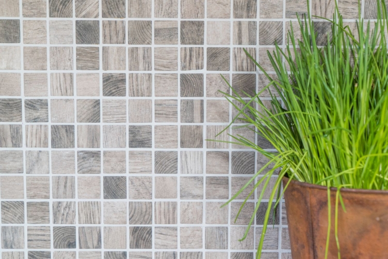 Mosaïque de verre Revêtement mural durable Recyclage Structure bois gris beige Carrelage MOS63-324