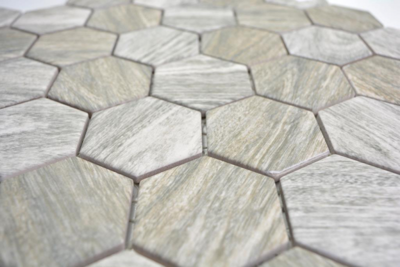 Hexagonale Sechseck Mosaik Fliese Keramik Holzmaserung grau braun mix Mosaikfliese Wand Fliesenspiegel Küche Bad - MOS11H-0200