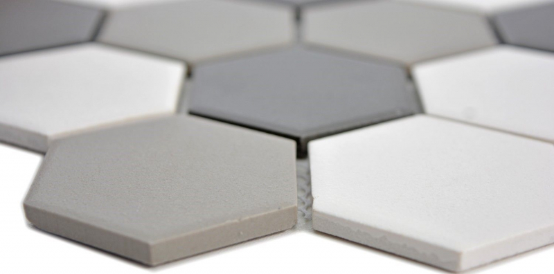 Carreau de mosaïque Céramique Hexagon blanc gris noir non émaillé MOS11B-0123-R10_f
