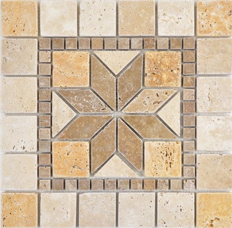 Insert pierre naturelle décor jaune or beige noisette travertin carreau mosaïque sol carreau mural cuisine - MOSDEKO80
