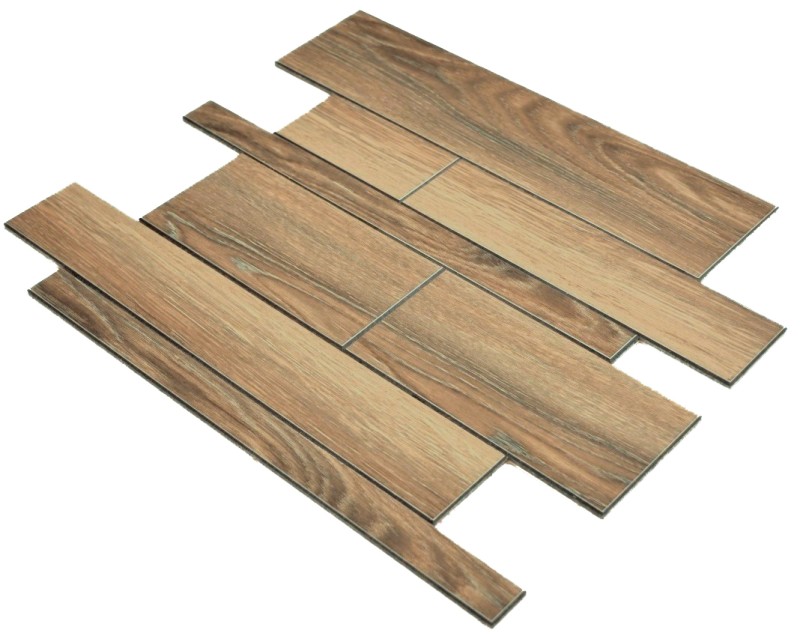 panneaux muraux autocollants aspect bois brun dosseret de cuisine carrelage