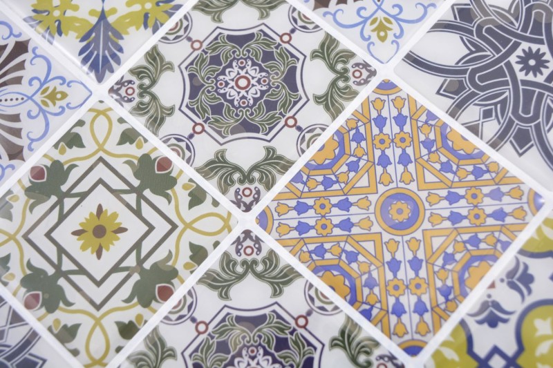 film mosaïque autocollant rétro aspect vintage style campagnard vinyle ornements carrelage cuisine