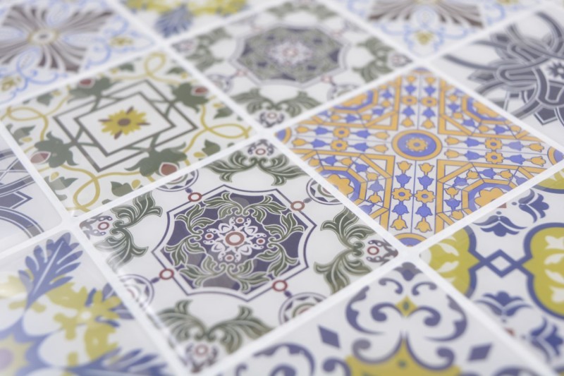 film mosaïque autocollant rétro aspect vintage style campagnard vinyle ornements carrelage cuisine