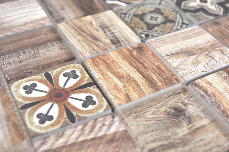 Carreau de mosaïque Patchwork brun beige marrone aspect bois Dos de cuisine MOS160-w200
