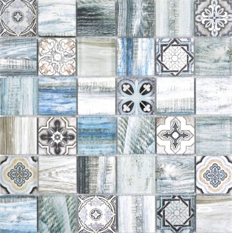 Carreau mosaïque Patchwork mix bleu clair azzurro Carreau mosaïque mural imitation bois Dos de cuisine MOS160-w300