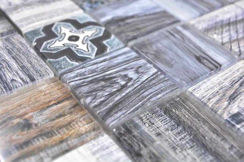 Mosaïque Carreau Patchwork bleu gris imitation bois Miroir de fond de cuisine MOS160-w400