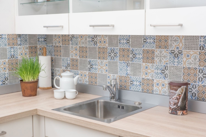 Motif main Retro Vintage Carreau de mosaïque Céramique crème bleu orange gris mat MOS22B-1406_m