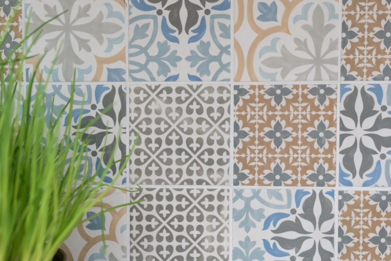Motif main Retro Vintage Carreau de mosaïque Céramique crème bleu orange gris mat MOS22B-1406_m