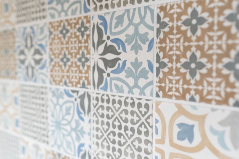 Motif main Retro Vintage Carreau de mosaïque Céramique crème bleu orange gris mat MOS22B-1406_m