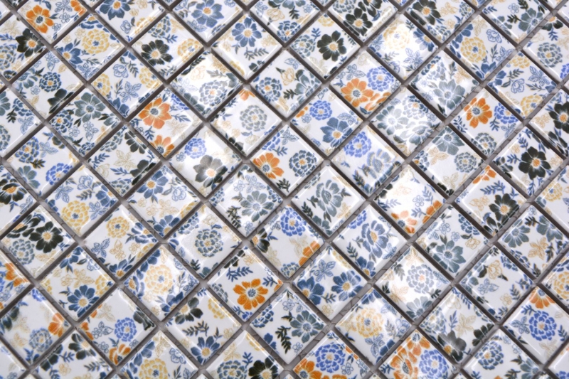 Motif main Carreau mosaïque rétro vintage céramique blanche multicolore fleurs MOS18C-1401_m
